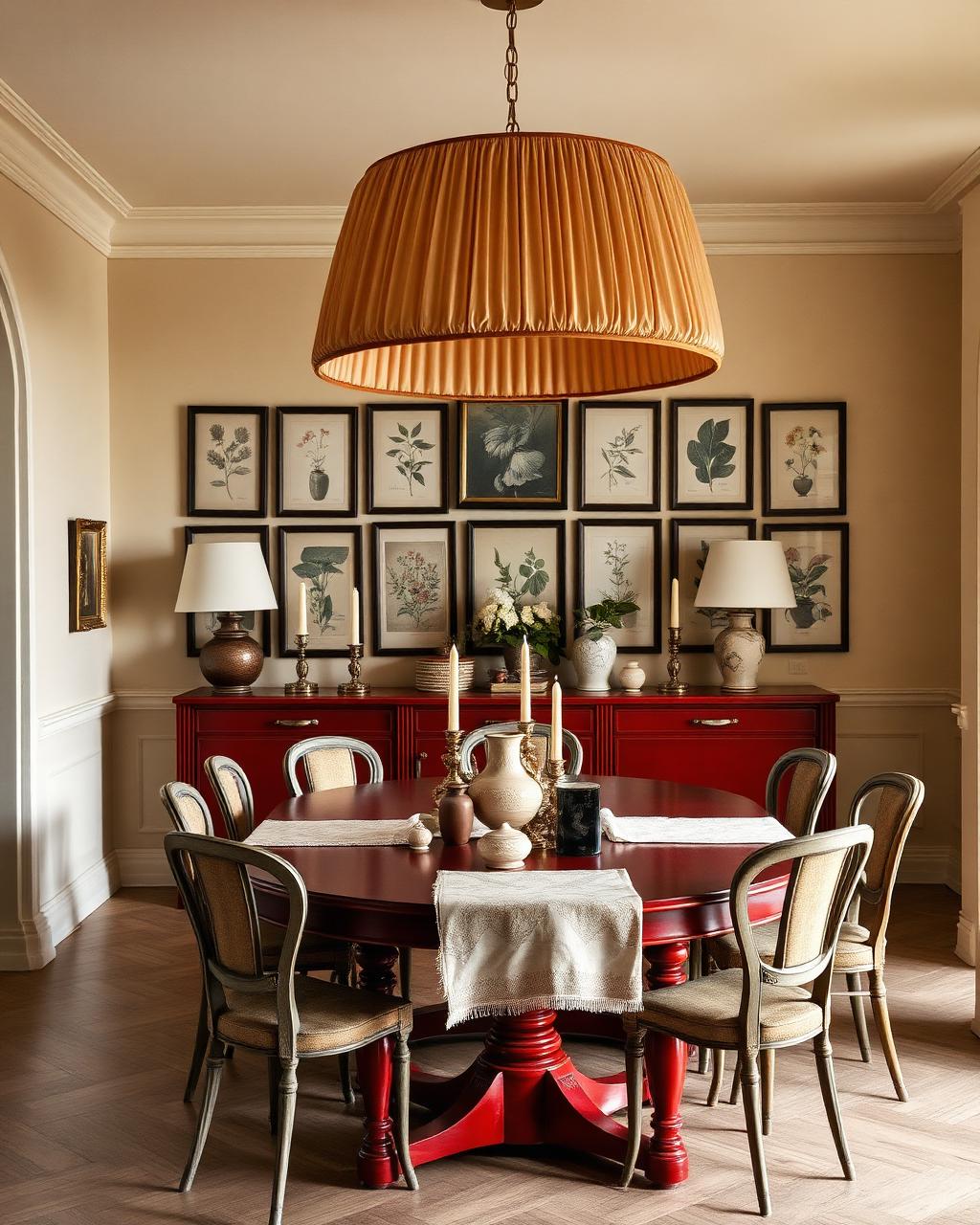 Sala de jantar com mesa lacada vermelha e parede galeria