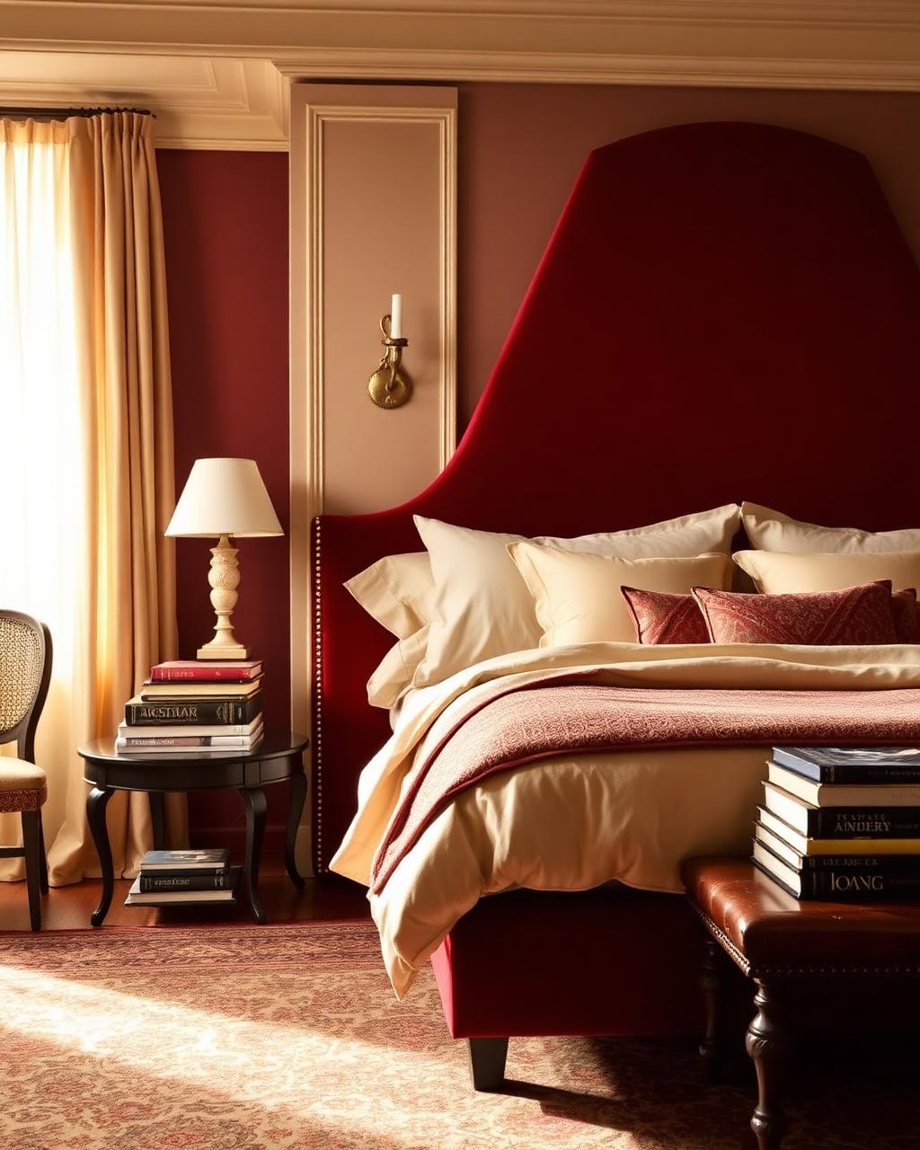 Quarto com cabeceira de veludo bordô e roupas de cama em creme