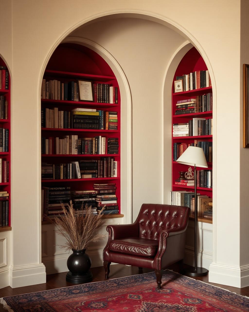 Canto de leitura com estante vermelha em arco e poltrona de couro